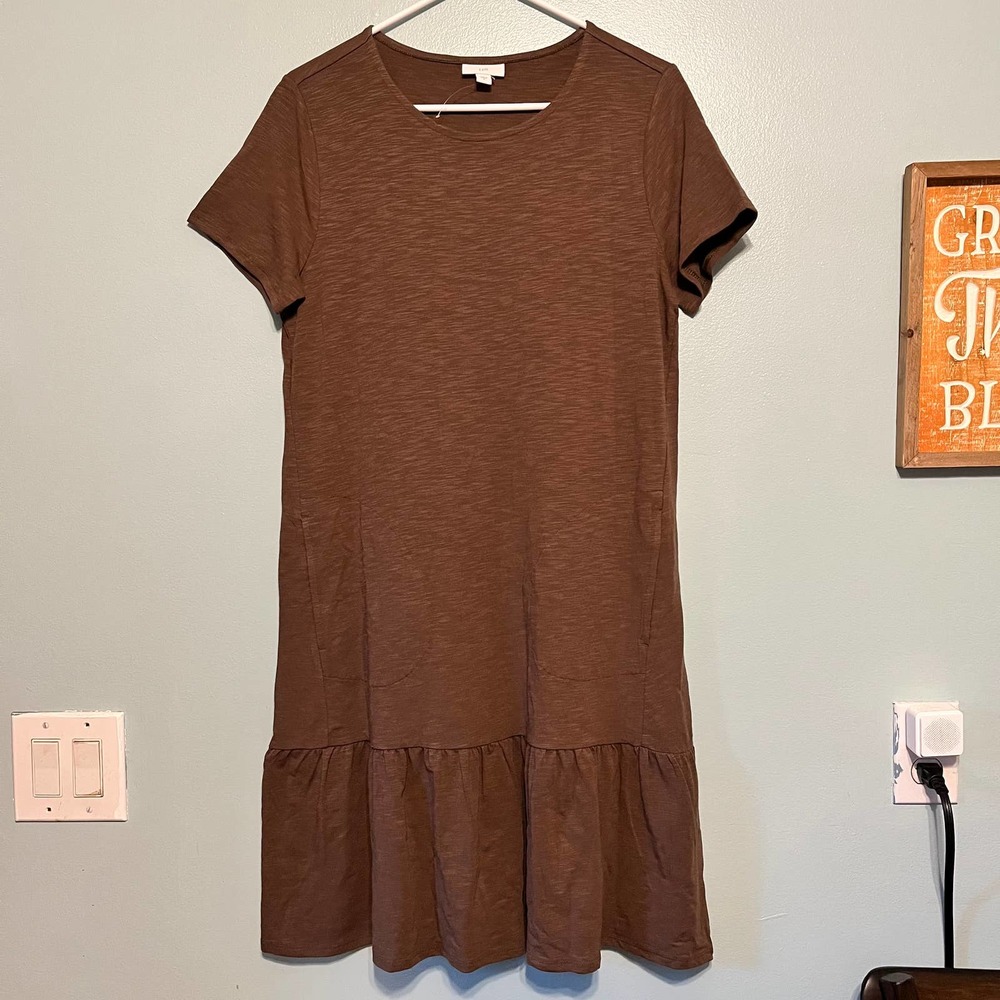 J. Jill Sz Small Shift Flare Dress Brown Lightweight Pockets Cotton Blend Tiered